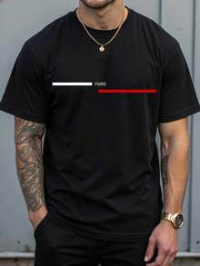 Manfinity Homme Men's Plus Size Fashion Printed Line Design Short Sleeve T-Shirt - Black - View 1