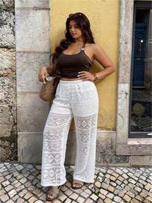 Pantalones holgados de punto con diseño calado, de moda para primavera/verano, pantalones casuales para resort, pantalones de resort de talla grande, pantalones para festival de música, conjunto de festival de música, pantalones largos sexy con di - Albaricoque - Ver 2