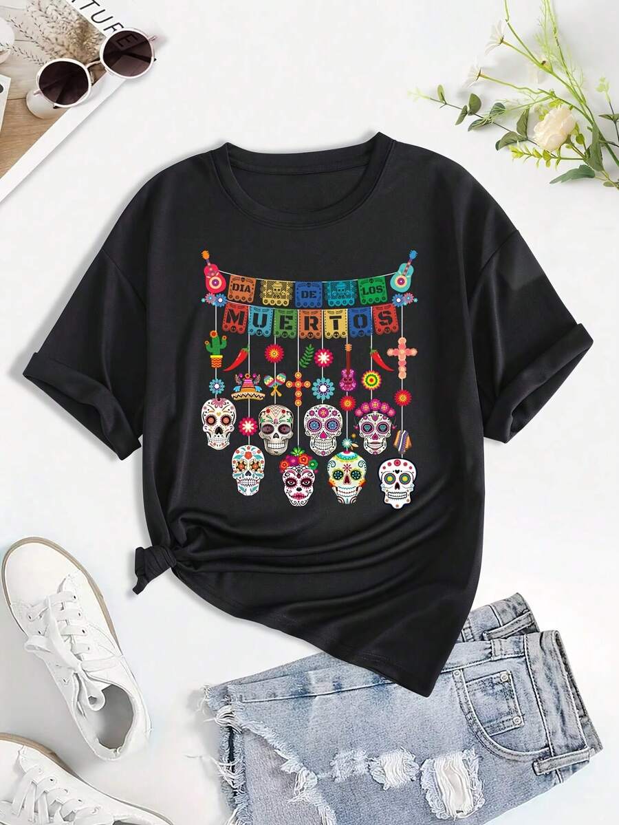 Women's T-Shirt With Hanging Skull Print Y, Festival Theme, Short Sleeve, Round Neck, Casual Top For Summer And Spring, Women's Clothing, Going Out Tops. - 黑色 - 查看 1