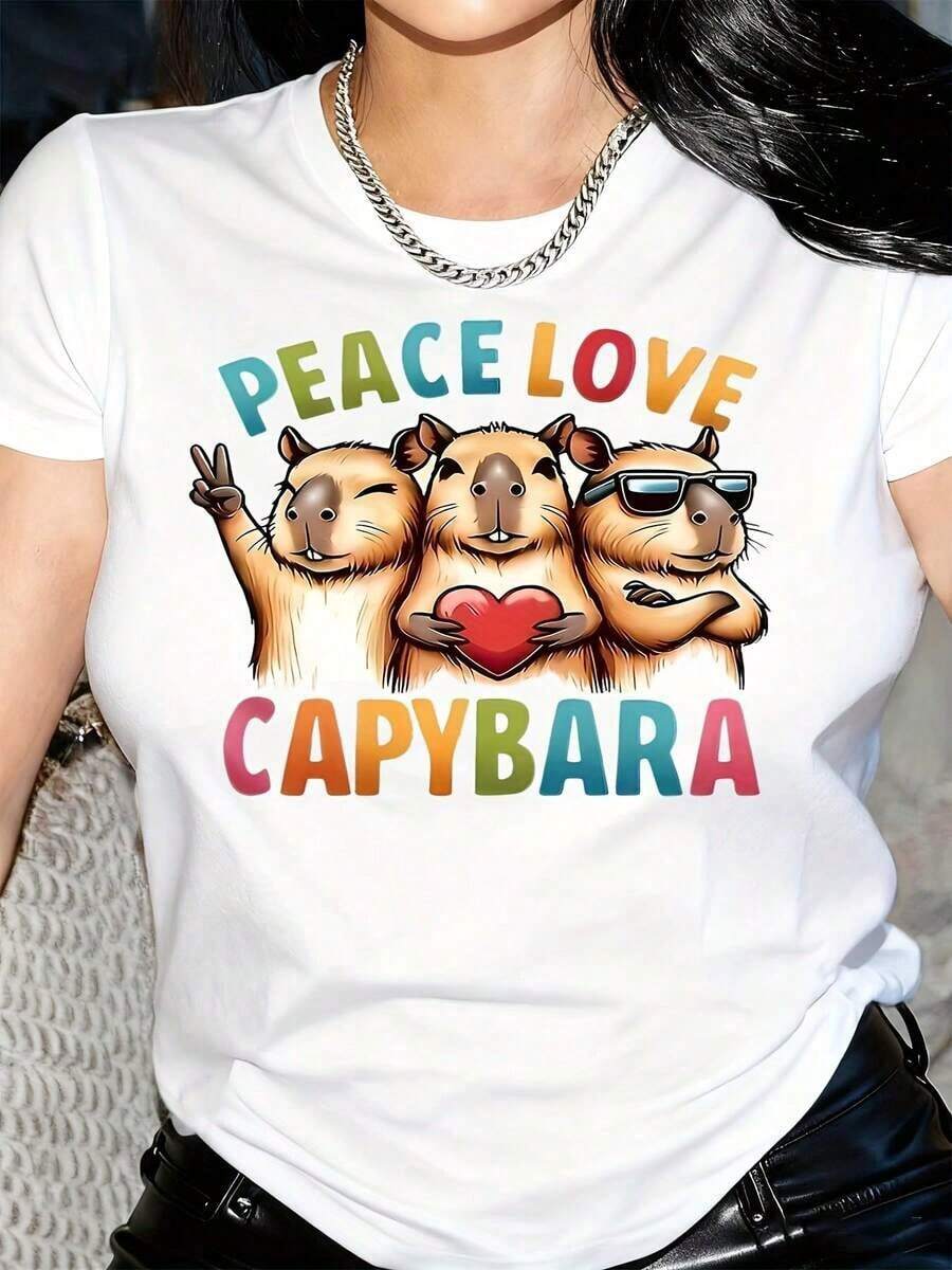 New Arrivals For Summer. Women's Peace And Love Capybara Graphic T-Shirt - Soft And Stretchy Casual Crew Neck Tee With Cartoon Capybaras, Vibrant Colors, All-Season Comfort, Perfect Gift For Parties And Casual Wear, Festive Clothing, Fun Design, Comfortable Fit. - 白色 - 查看 1