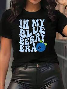 New Arrivals For Summer. Women's Graphic Print T-Shirt "In My Blueberry Era", Round Neck, Casual Everyday Wear, Soft And Comfortable, Festival Blouse, Shirt > Beautiful. - 黑色 - 查看 1