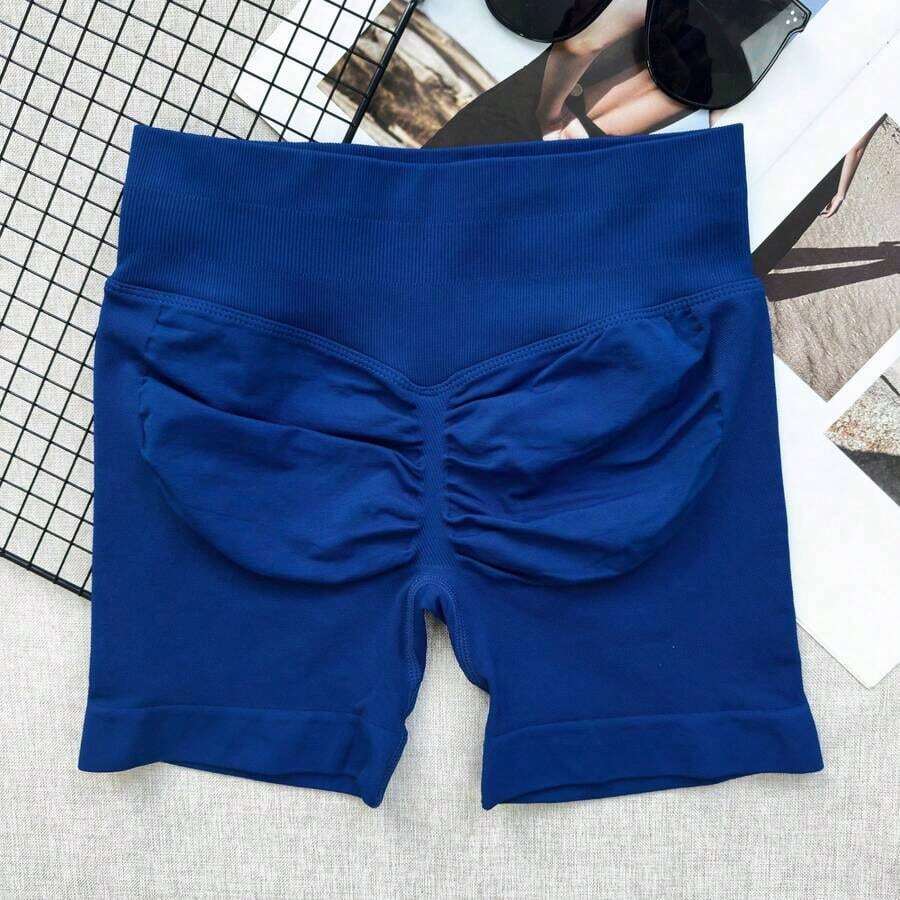 Pantalones cortos de yoga sin costuras de cintura alta para mujer - Levantamiento de glúteos elástico, adecuado para correr, fitness y actividades al aire libre| Apariencia de moda| Tela elástica de verano - Azul - Ver 1