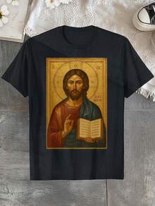 T-Shirt With Orthodox Christian Jesus Christ Icon - Religious Clothing For Church Worship And Daily Wear - Icon Design - Machine Washable T-Shirt With Blessing, Church T-Shirt, T-Shirt With Bible Verse. - 黑色 - 查看 9