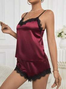 Conjunto de pijama con top de cami de satén con ribete de encaje y shorts - Rojo violeta 2 - Ver 4