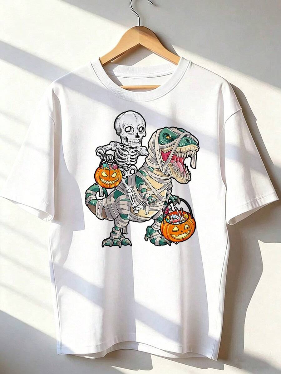 Halloween T-Shirt With Skeleton And Dinosaur Mummy, Fashionable Short-Sleeved T-Shirt For Spring And Summer 2026, Made In Mexico, 180 Grams. Cartoon Print, Couple Design, Suitable For Indoor Or Outdoor Wear. Crew Neck, Unisex, Ideal For Office And Leisure. One-Piece Pack. - WH-P631577SLNDXZGY564 - 查看 1