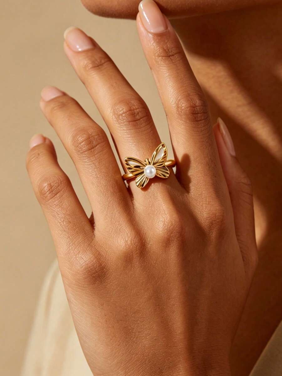 1PC Elegant Pearl Butterfly Rings For Women 18K Gold Plated Stainless Steel Butterfly Ring Aesthetic Wedding Party Jewelry Gift - Multicolor - View 1