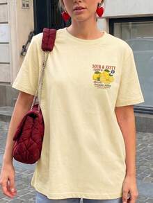 米色底柠檬农场标语印花圆领短袖T恤，复古夏季休闲风女式上衣 - 黃色 - 查看 2