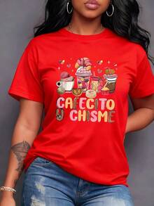 Sweet Pattern Featuring Coffee, Iced Drinks, Pastries, And Delicious Desserts. The Text 'COFFEE AND GOSSIP' Celebrates Lively Conversations And Everyday Pleasures. Ideal For Sharing Good Times. Women's 100% Cotton T-Shirt, Casual Short Sleeves. - 紅色 - 查看 1