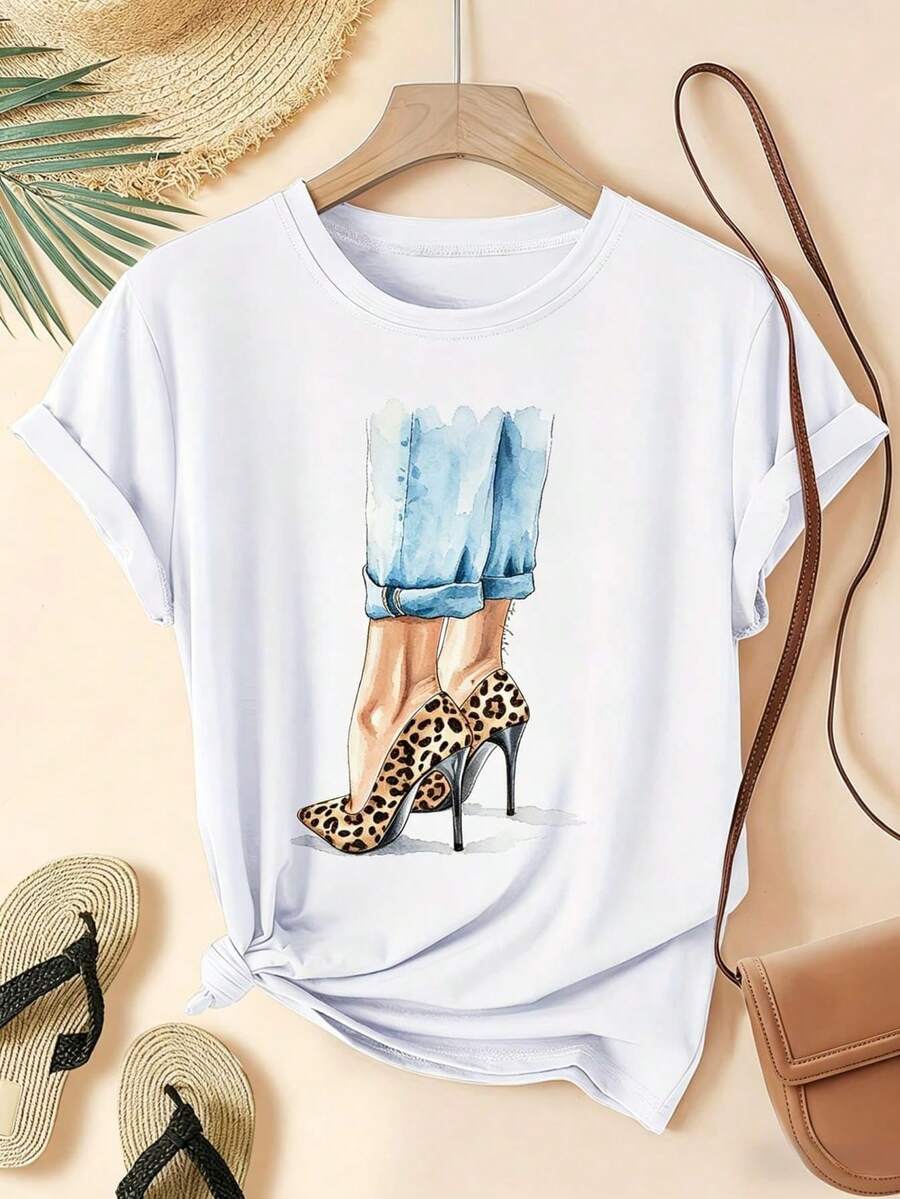 Women's White Short-Sleeved T-Shirt With High Heel And Leopard Print, Round Neck, Soft And Micro-Elastic Casual Design, Cool And Breathable, Attractive Personality, Cool Bohemian Street Style, Retro, Suitable For Daily Comfort And Relaxation. - 白色 - 查看 1