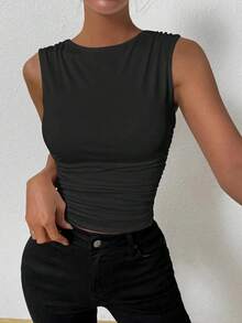Camiseta de tirantes ajustada con cuello de tripulación y pliegues de unicolor de verano para mujer - Negro - Ver 5