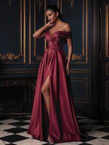 Smilprince Đầm dự tiệc quyến rũ dành cho nữ, đầm maxi tay ngắn trễ vai, xẻ tà cao đến đùi, tay áo thông thường, được làm từ vải dệt không co giãn. - Màu Đỏ Sâu - Xem 5
