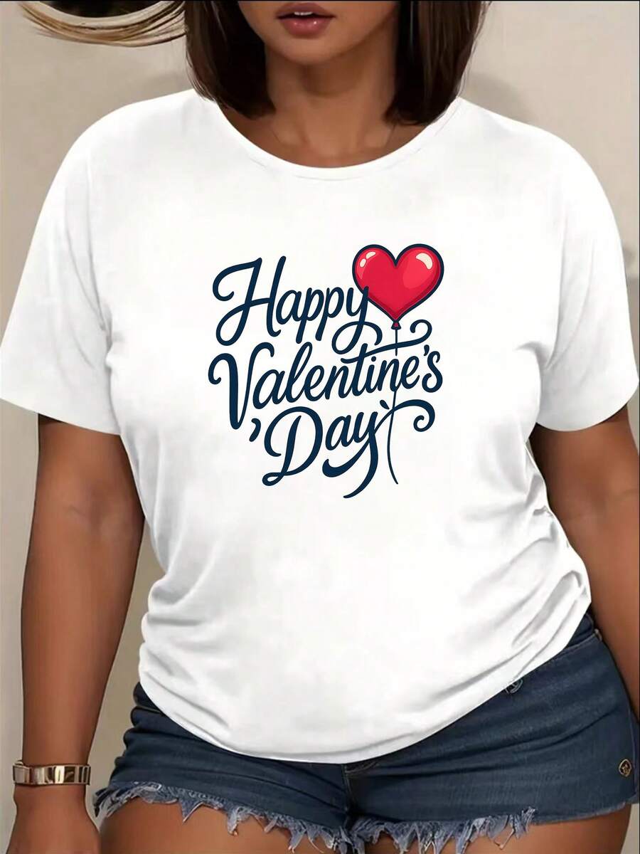 Valentine's Day Casual T-Shirt - Blue Cursive Print With The Words "Happy Valentine's Day", Decorated With Fun Balloons - Lightweight And Loose Fit, Ideal For Everyday Wear, Conveying A Loving Atmosphere - 白色 - 查看 1