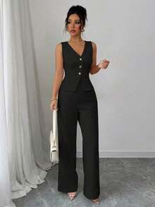 Conjunto de camiseta sin mangas y pantalones elegante para mujer, estilo de oficina y transporte, atuendo de otoño para maestros - Negro 2 - Ver 4