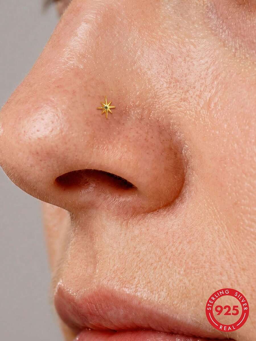 EleRunis 1件装925纯银八角星鼻钉,简约低敏,中性风格迷你穿孔饰品,可作鼻钉/耳钉/穿孔饰品/鼻饰,适合日常佩戴、婚礼、派对、订婚、周年纪念、情人节等场合。 - 金色 - 查看 1
