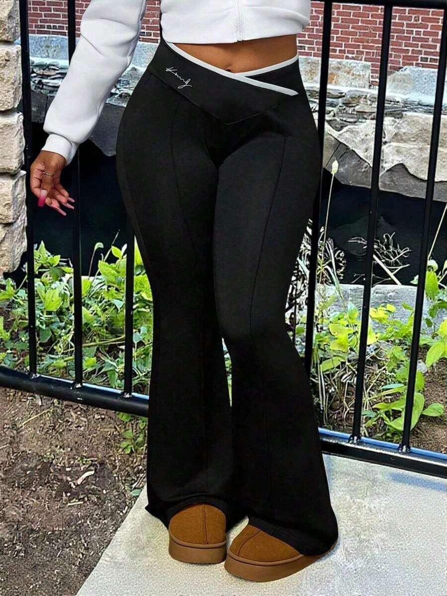 Nuevos Pantalones Acampanados De Talle Alto Con Envoltura En Color Sólido Simple Para Verano 2024 - Negro - Ver 1