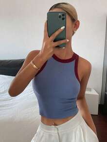 Top corto de mujer de unicolor negro ajustado para gimnasio - Azul - Ver 2