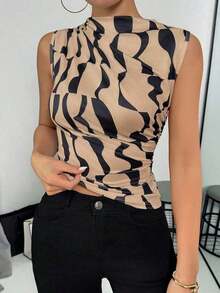 Blusa casual versátil con cuello alto y plisados para mujer - Caqui 2 - Ver 3