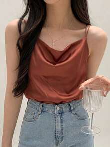 Camiseta sin mangas casual de unicolor y cuello en V elegante para mujer, verano - Marrón - Ver 1