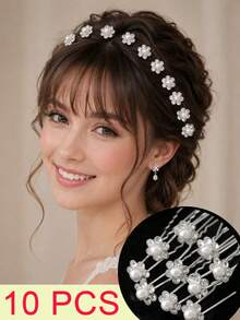 topshiny مجموعة 10 قطع مشابك شعر للعروس، إكسسوارات شعر زفاف أنيقة، مشابك شعر مزينة بالزهور المرصعة بالراين للعرائس، مناسبة لتسريحات الشعر المرفوعة والكعكة وتسريحات الحفلات المسائية الرسمية - أبيض - مشاهدة 3
