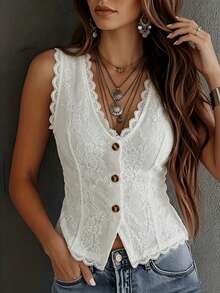 Vintage Western Style White Lace V-Neck Top, Summer Front Button Sleeveless Top, Elegant For Vacation/Party Casual, Boho Chic - White - View 4