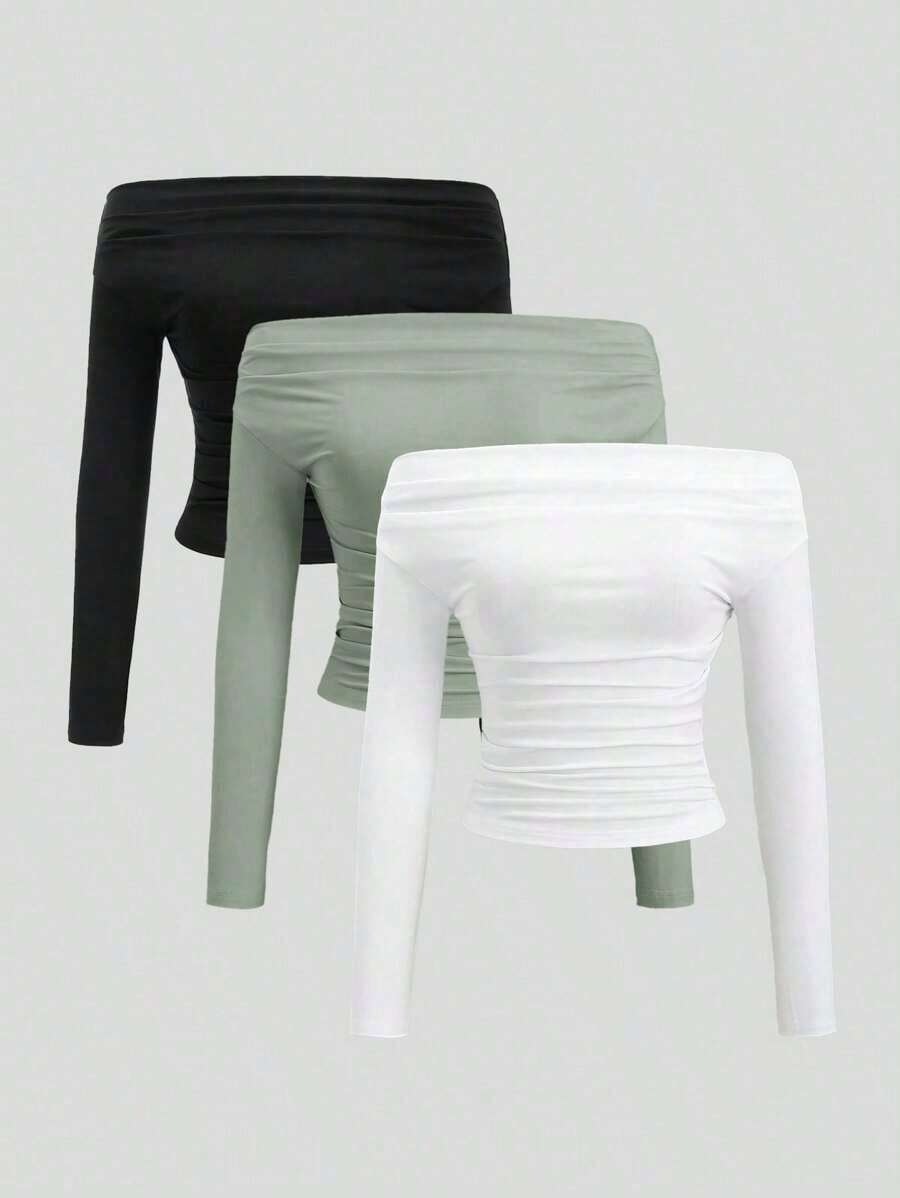 de 3 piezas Blusa corta de manga larga y hombros descubiertos para mujer, cómoda y amigable con la piel, ajuste ceñido - Multicolor 14 - Ver 1