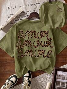 Women's "More Love" Leopard Print Round Neck Short Sleeve T-Shirt, Casual, Black, For Summer, Autumn/Back To School. - 軍綠色 - 查看 6