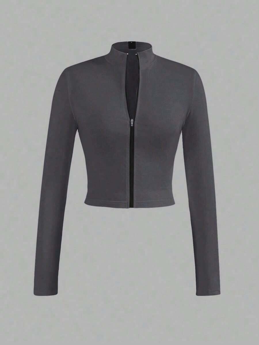 Camiseta de manga larga de ajuste ceñido con cuello en V y media cremallera elástica informal, esencial básico para otoño e invierno de mujeres - Gris - Ver 1