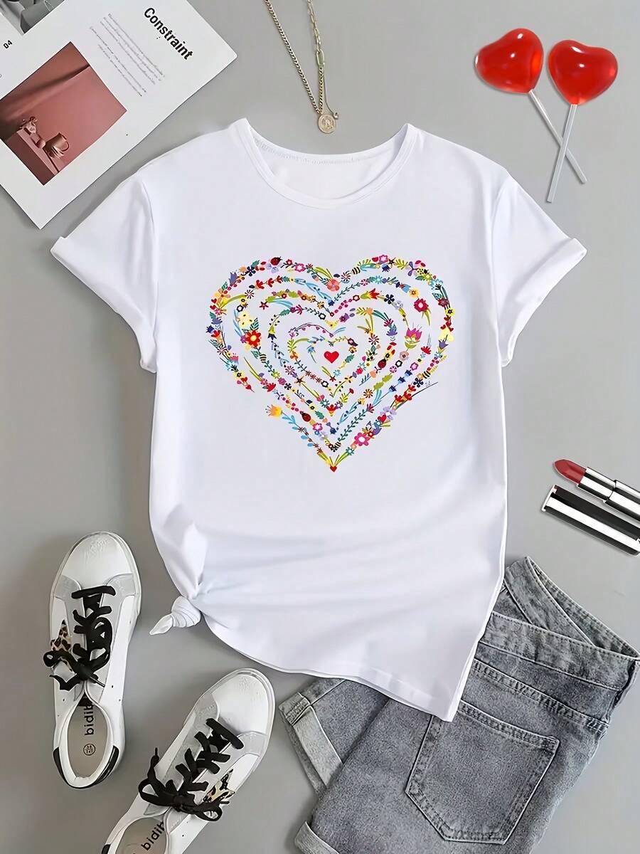 Minimalist. 1 Pack. 100% Cotton. Casual Women's T-Shirt With A Round Neck And A Vibrant Heart Print, Regular Length, A Top Suitable For All Seasons. Summer Crew Neck. - 白色 - 查看 1