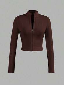 Chaqueta básica casual de ajuste ceñido con cremallera, cuello en V y manga larga para otoño/invierno - E - Óxido marrón - Ver 5