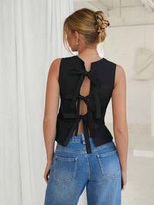 1 pieza Blusa elegante sin mangas de unicolor con espalda descubierta y lazo - Negro - Ver 4