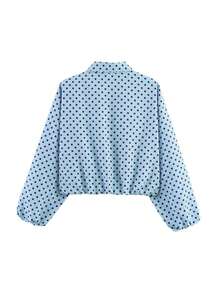Chaqueta con bolsillo con cremallera de lunares rosas para mujer - Abrigo casual suelto con solapa para primavera/otoño - Celeste 2 - Ver 5