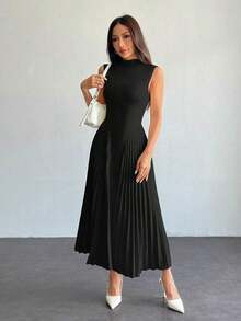 Vestido ajustado de línea A con pliegues elegante para mujer - Negro - Ver 6