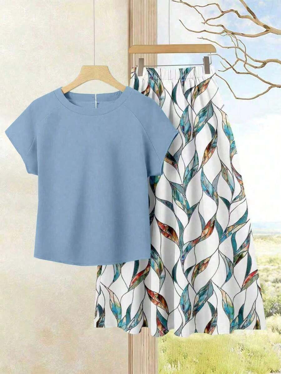 2 piezas Conjunto de top casual de unicolor + falda estampada para vacaciones de mujer, Conjunto de ropa de verano para mujer, Conjunto de falda de verano, Conjunto de falda y top, Conjunto de falda y top para mujer, Conjunto de falda estampada - Multicolor 5 - Ver 1