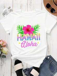1 Piece Women's Round Neck T-Shirt, Hawaiian Floral Aloha Print, Short Sleeve, Summer, Beach, Vacation, Casual Style, 180g 100% Cotton - 白色 - 查看 3
