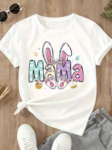 1 Piece Women's T-Shirt With Rabbit Ears And Paw Print For Easter, Spring Gift, Animal Themed T-Shirt, Easter Clothes For Mom, Fashion Top, 180g 100% Cotton - 白色 - 查看 4