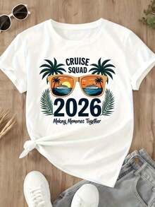 1 Piece Cruise Squad 2026 "Creating Memories Together" T-Shirt With Sunglasses And Palm Tree Print, Women's Summer Vacation Souvenir Gift For Group Travel, 180g, 100% Cotton. - 白色 - 查看 4
