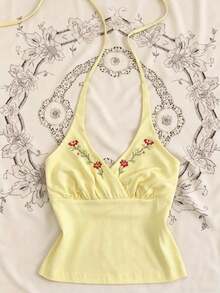Blusa de tirantes casual con cuello halter y bordado floral para mujer - Amarillo claro - Ver 5