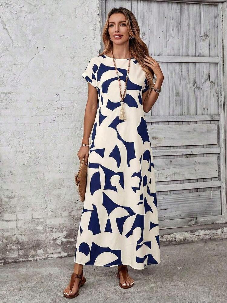 Vestido casual de mujer con estampado todo sobre, adecuado para vacaciones - Azul marino - Añade 5