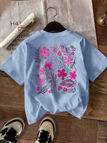 Howell Women's Plus Size Black Short Sleeve T-Shirt, Versatile Style, Hand-Painted Daisy Floral Print, Casual And Cool For Summer - 藍霧 - 查看 3