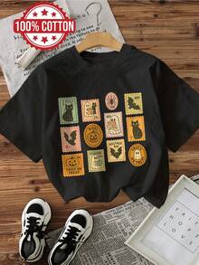 Camiseta con estampado gráfico, manga corta y cuello redondo, top casual para verano y primavera, ropa de mujer - Negro - Ver 1