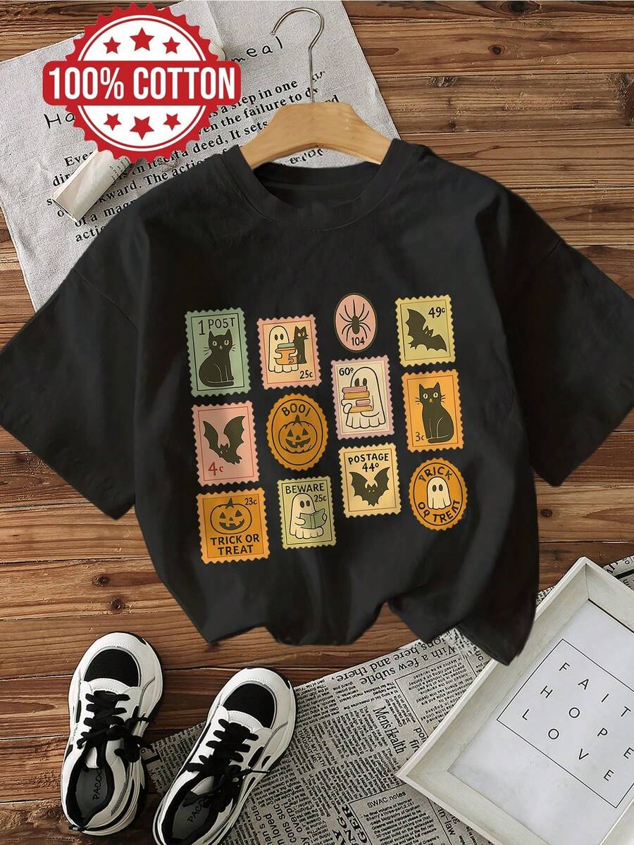 Camiseta con estampado gráfico, manga corta y cuello redondo, top casual para verano y primavera, ropa de mujer - Negro - Ver 1