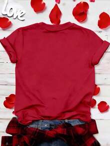 Women's Plus Size Casual Short Sleeve T-Shirt With Round Neck And Heart-Shaped Rhinestones For Valentine's Day - 紅色的 - 查看 2