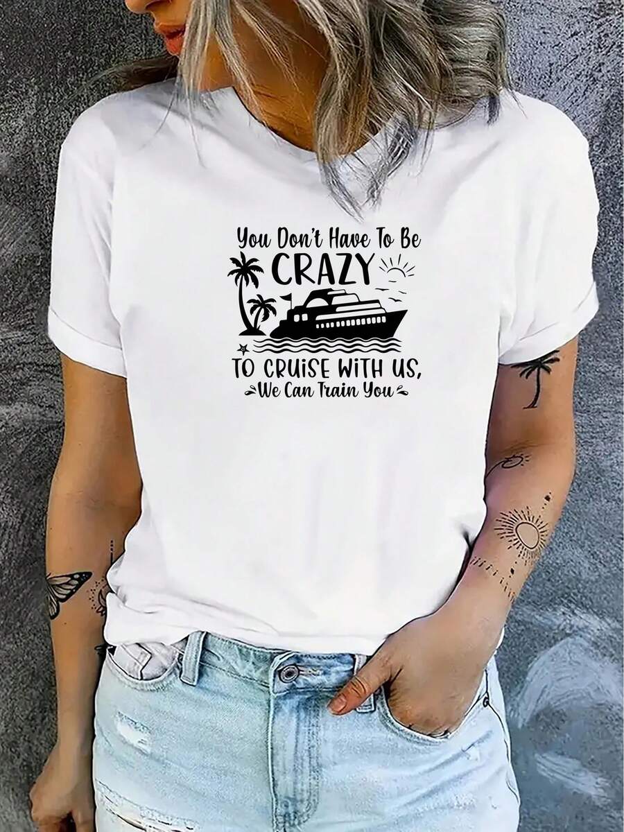 Women's Casual Short-Sleeved Round Neck T-Shirt With Cruise Ship And Palm Tree Print, Fashionable Sports Top, Vacation Style. - 白色 - 查看 1