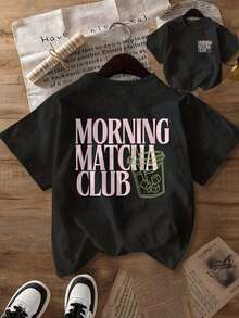 Plus Size Women's Short-Sleeved Crew Neck T-Shirt With Minimalist Green Matcha Tea Drink Illustration Print, Suitable For Spring, Summer, Autumn, Valentine's Day/Back To School Season, Black - 黑色 - 查看 6