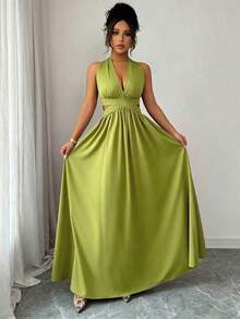 Elegante vestido sin mangas con cuello en V, diseño hueco en la cintura y pliegues, color morado, nueva llegada de primavera/verano - Verde Oliva - Ver 4
