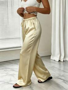 1pc Solid Color Drawstring Pocket Pants, Suitable For Home, Daily Wear, Holidays, Singles Party, Satin, All Seasons Spring - Yellow - View 4