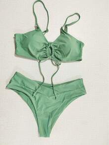 Traje de baño de dos piezas con lazo en el cuello y diseño de color sólido multicolor, bikini femenino. - Verde militar - Ver 12