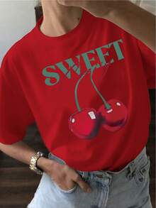 Camiseta Casual de Verano YOCASA de Edición Limitada para Mujer, con Cuello Redondo, Ajustada y de Manga Corta, con Estampado de Pintura al Óleo, Motivos Florales, de Corazones, de Cerezas y de Letras. Tela sencilla y casual, estilo deportivo, para uso diario y una cita de San Valentín. Algodón ligero. - Blanco - Ver 9