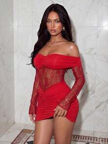 Vestido corto de verano para mujer con hombros descubiertos, volantes y encaje en contraste sexy - Rojo - Ver 3