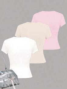 3 camisetas de manga larga con cuello redondo, ajustadas y de estilo casual con estampado floral, en colores azul claro, rosa claro y blanco, adecuadas para el verano - Multicolor - Ver 2